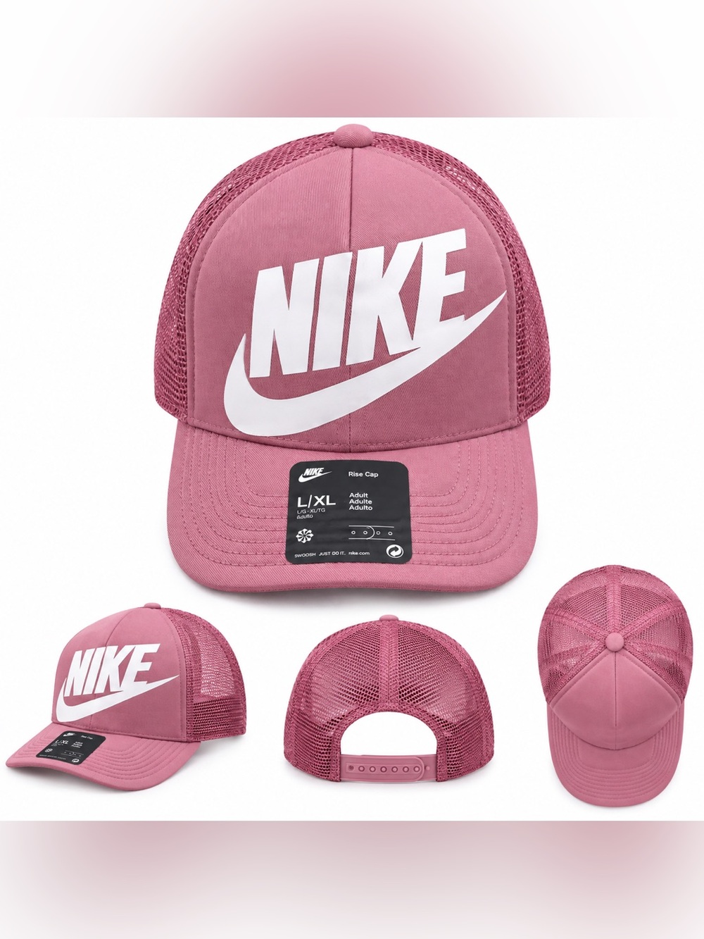Nike Rose Pink Mesh Trucker Hat with White Logo